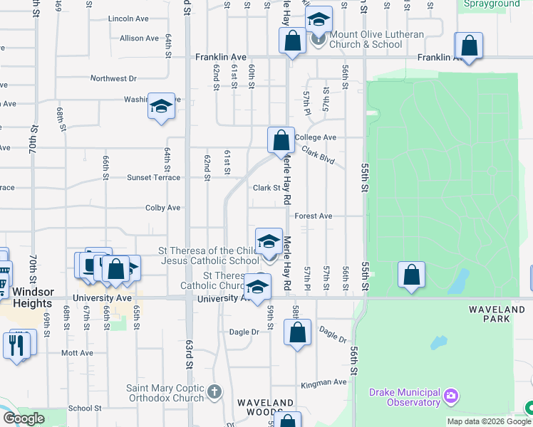 map of restaurants, bars, coffee shops, grocery stores, and more near 5824 Forest Avenue in Des Moines