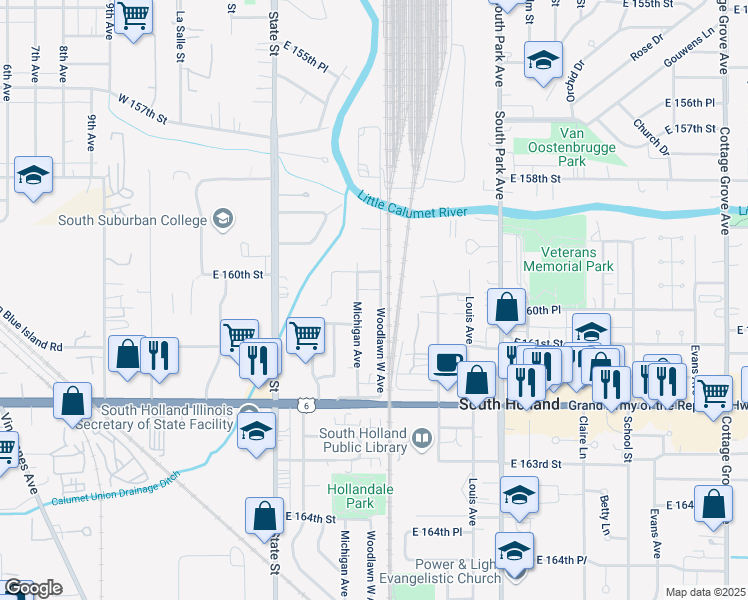 map of restaurants, bars, coffee shops, grocery stores, and more near 16013 Michigan Avenue in South Holland