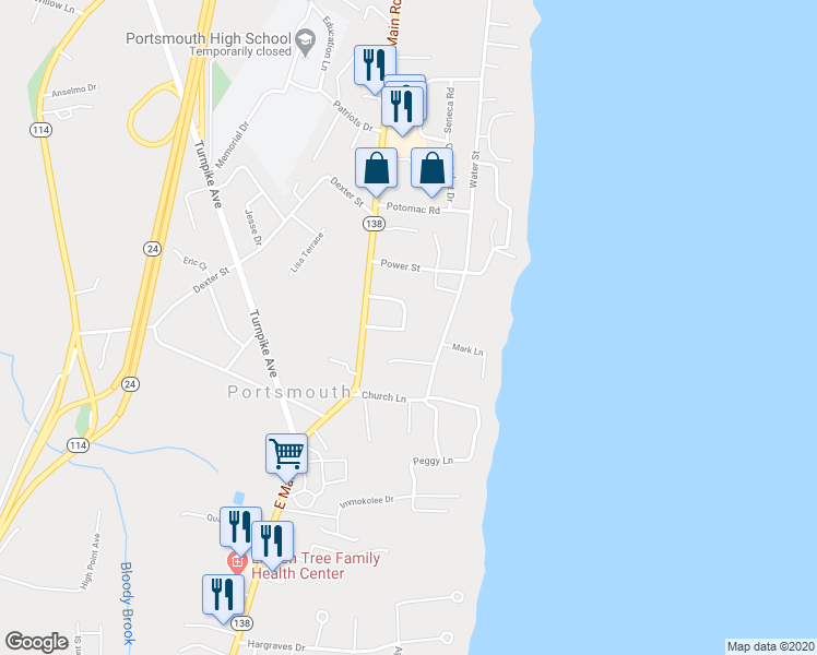 map of restaurants, bars, coffee shops, grocery stores, and more near 41 Bradley Terrace in Portsmouth