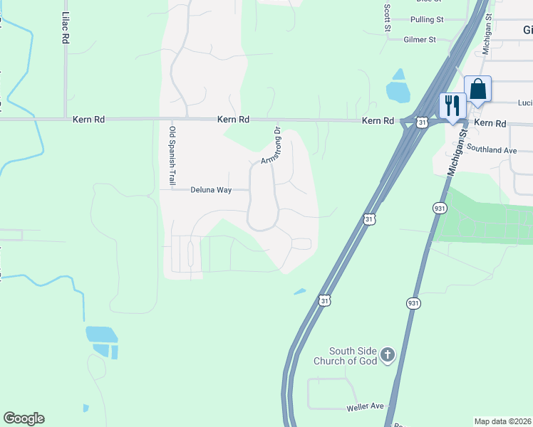 map of restaurants, bars, coffee shops, grocery stores, and more near Hillenbrand Drive in South Bend
