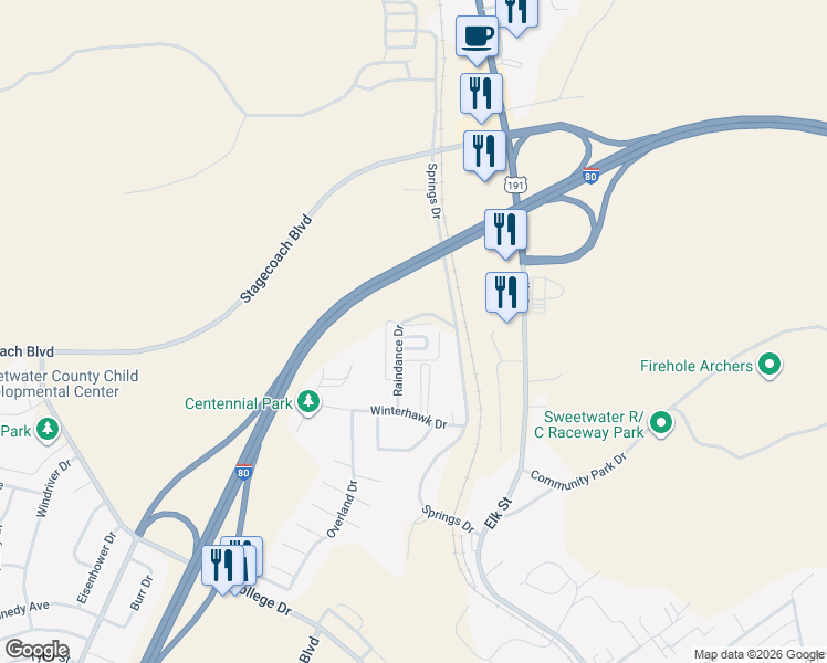 map of restaurants, bars, coffee shops, grocery stores, and more near 847 Moccasin Lane in Rock Springs