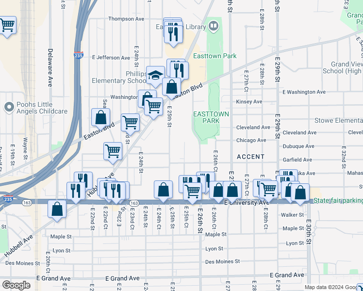 map of restaurants, bars, coffee shops, grocery stores, and more near 1330 East 25th Court in Des Moines