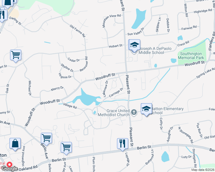 map of restaurants, bars, coffee shops, grocery stores, and more near 415 Lakeview Drive in Southington
