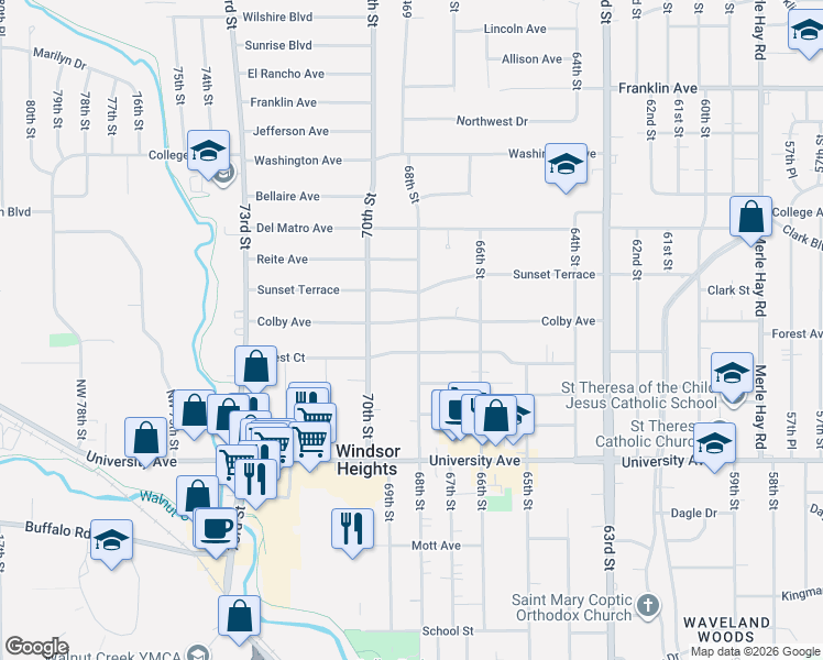 map of restaurants, bars, coffee shops, grocery stores, and more near 6721 Forest Court in Windsor Heights