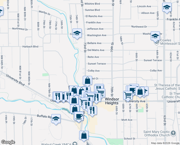 map of restaurants, bars, coffee shops, grocery stores, and more near 7209 Forest Court in Windsor Heights