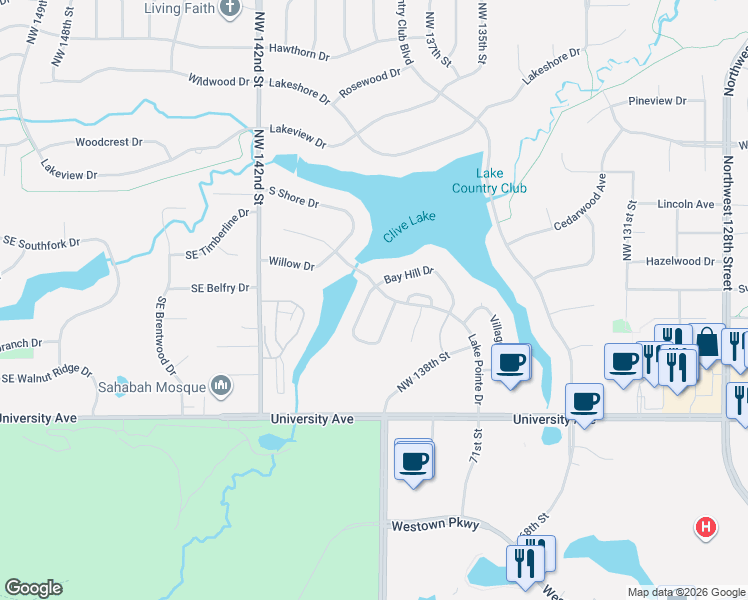map of restaurants, bars, coffee shops, grocery stores, and more near 1470 Dover Bay Drive in Clive
