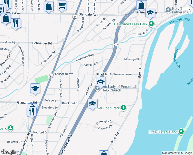 map of restaurants, bars, coffee shops, grocery stores, and more near 2265 Sherwood Avenue in Toledo