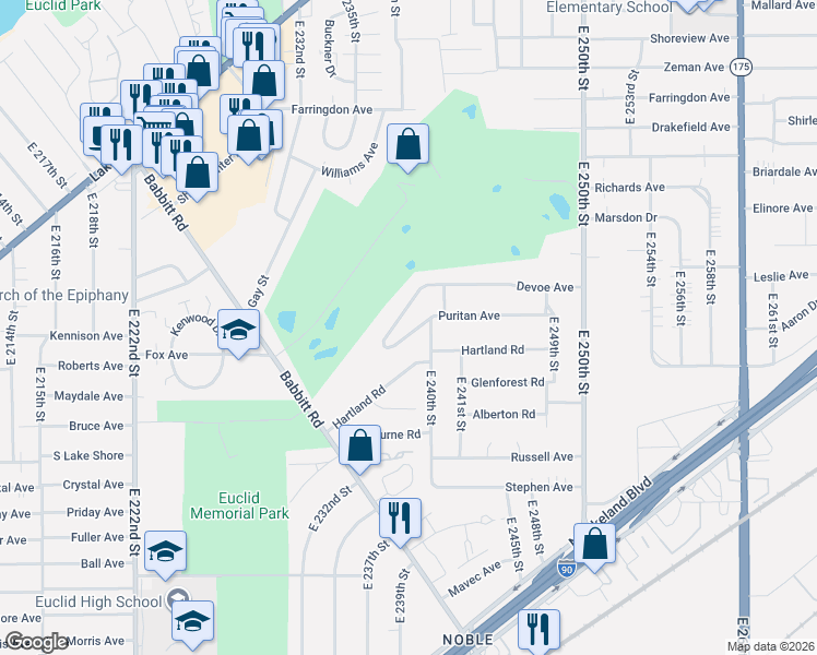 map of restaurants, bars, coffee shops, grocery stores, and more near 23880 Puritan Avenue in Euclid