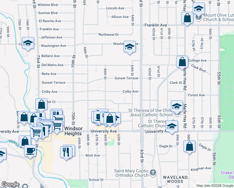 map of restaurants, bars, coffee shops, grocery stores, and more near 6450 Colby Avenue in Windsor Heights