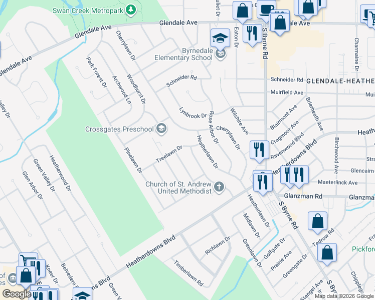 map of restaurants, bars, coffee shops, grocery stores, and more near 1916 Colony Drive in Toledo