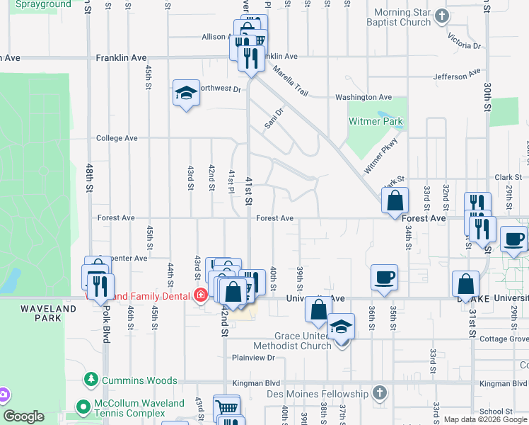 map of restaurants, bars, coffee shops, grocery stores, and more near 4005 Forest Avenue in Des Moines