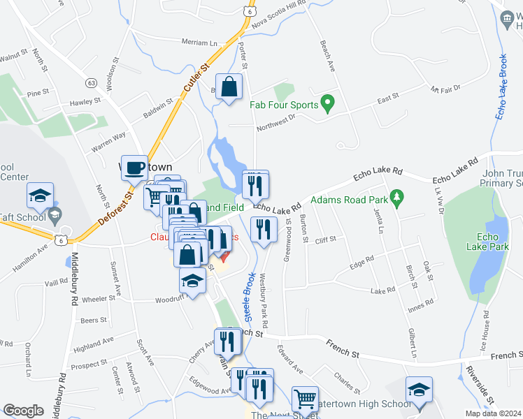 map of restaurants, bars, coffee shops, grocery stores, and more near 158 Echo Lake Road in Watertown