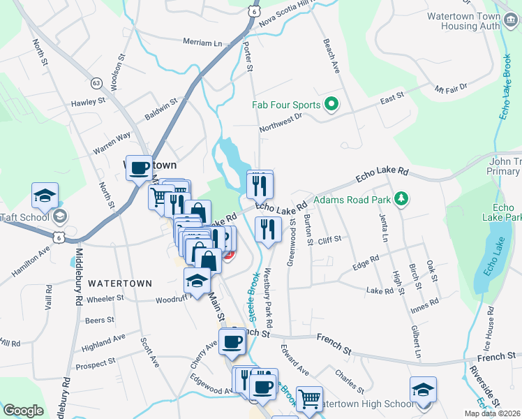 map of restaurants, bars, coffee shops, grocery stores, and more near 150 Echo Lake Road in Watertown