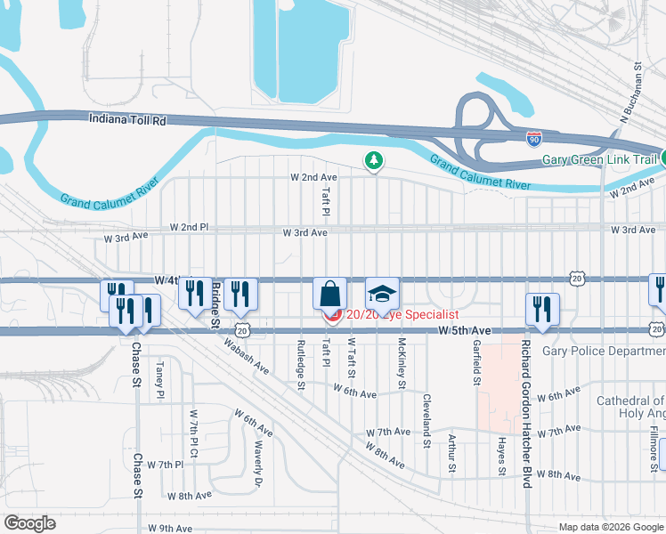 map of restaurants, bars, coffee shops, grocery stores, and more near 2340 West 4th Avenue in Gary