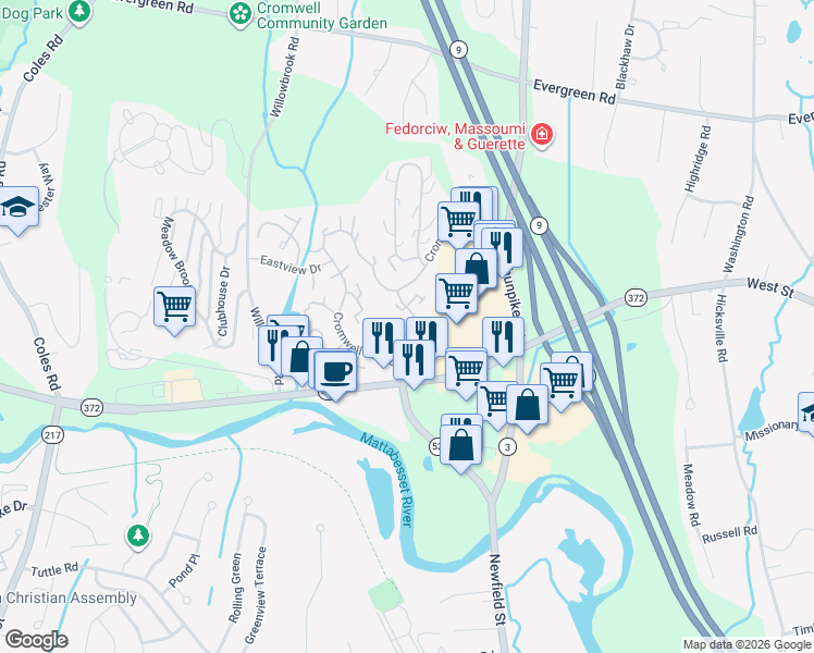 map of restaurants, bars, coffee shops, grocery stores, and more near 17 Golden Court in Cromwell