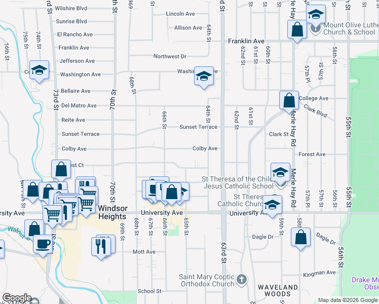 map of restaurants, bars, coffee shops, grocery stores, and more near 6450 Colby Avenue in Windsor Heights