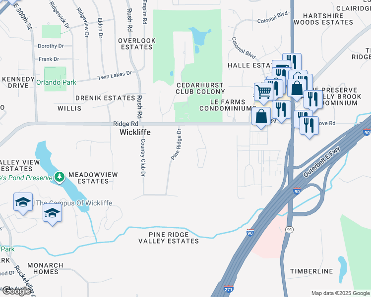 map of restaurants, bars, coffee shops, grocery stores, and more near 2133 Pine Ridge Drive in Wickliffe