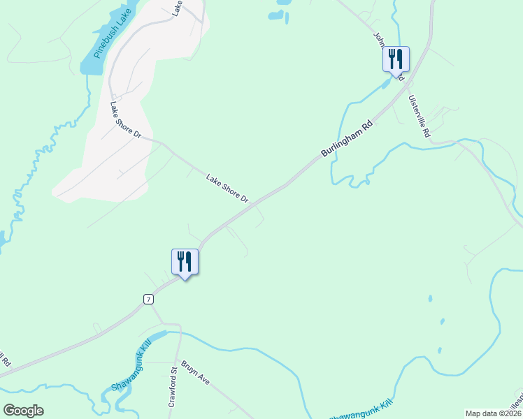 map of restaurants, bars, coffee shops, grocery stores, and more near 1300 Burlingham Road in Pine Bush