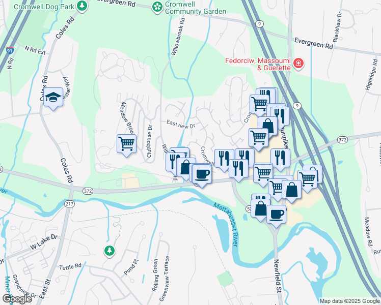 map of restaurants, bars, coffee shops, grocery stores, and more near 1 Pine Court in Cromwell