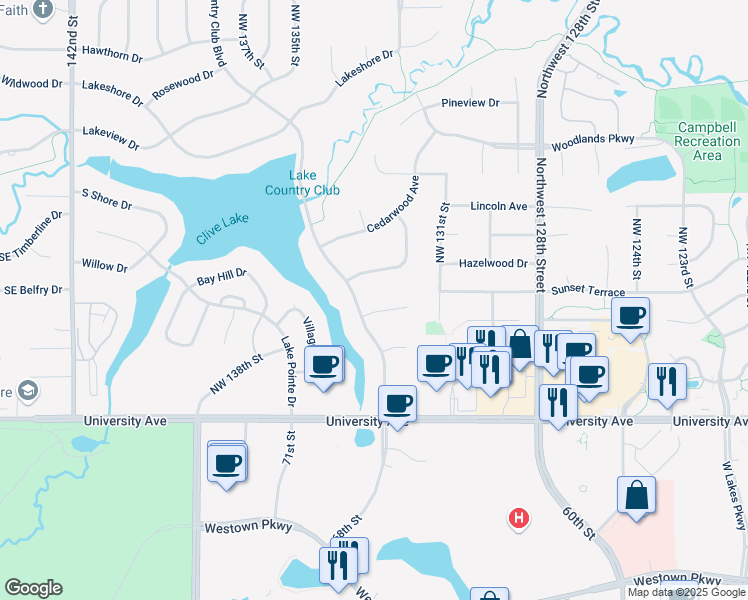 map of restaurants, bars, coffee shops, grocery stores, and more near 13281 Sunset Circle in Clive