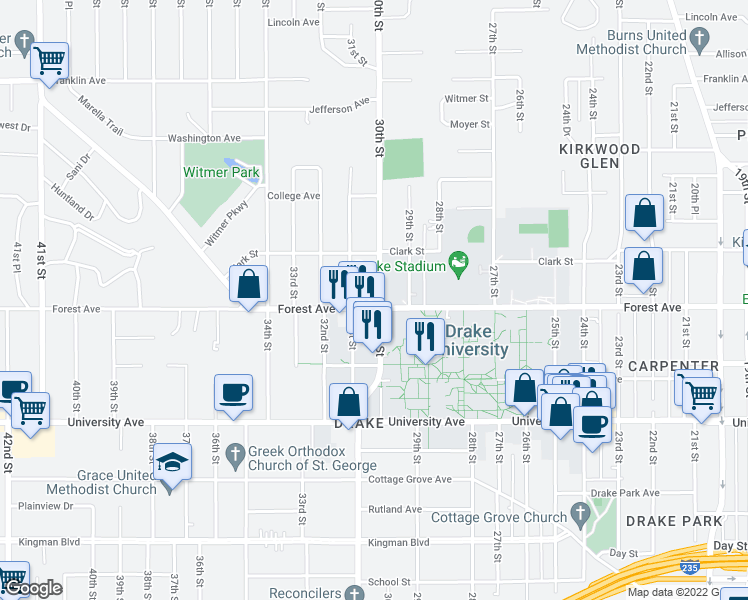 map of restaurants, bars, coffee shops, grocery stores, and more near 3003 Forest Avenue in Des Moines