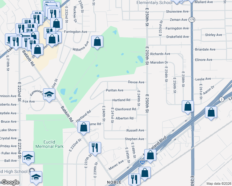 map of restaurants, bars, coffee shops, grocery stores, and more near 24301 Hartland Road in Euclid