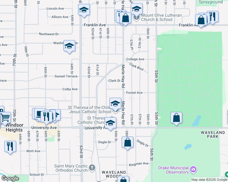 map of restaurants, bars, coffee shops, grocery stores, and more near 5824 Forest Avenue in Des Moines