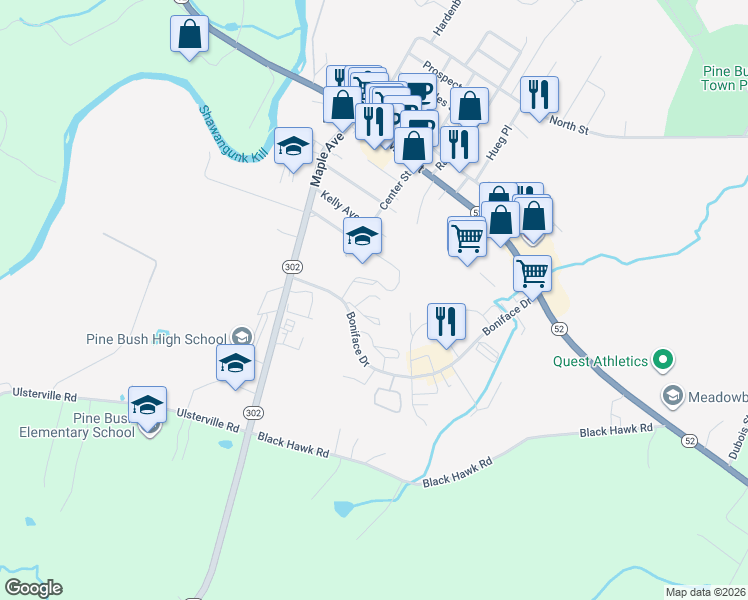 map of restaurants, bars, coffee shops, grocery stores, and more near 15-17 Kelly Lane in Pine Bush