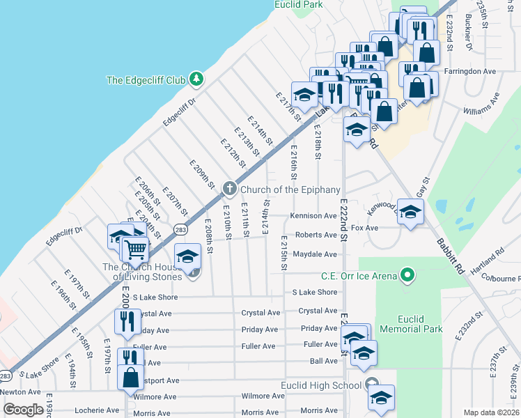 map of restaurants, bars, coffee shops, grocery stores, and more near 278 East 214th Street in Euclid