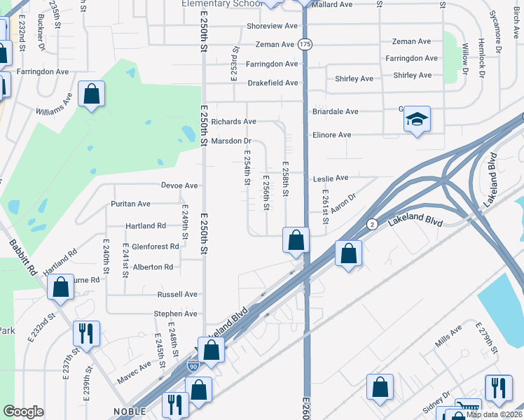 map of restaurants, bars, coffee shops, grocery stores, and more near 840 East 256th Street in Euclid