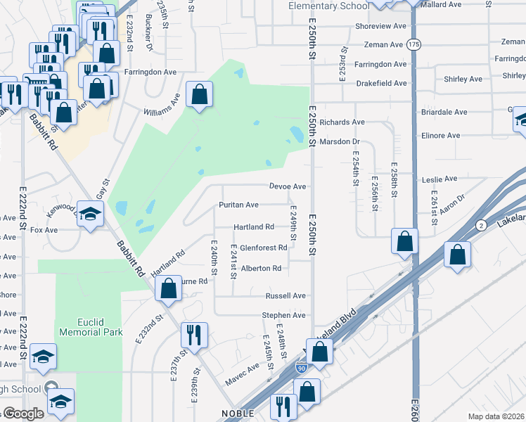 map of restaurants, bars, coffee shops, grocery stores, and more near 24581 Hartland Road in Euclid
