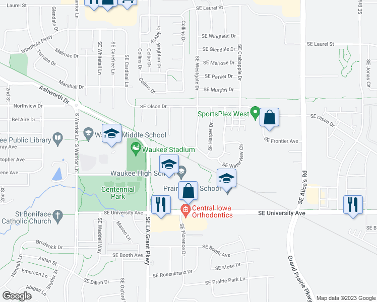 map of restaurants, bars, coffee shops, grocery stores, and more near 990 Southeast Bobwhite Lane in Waukee