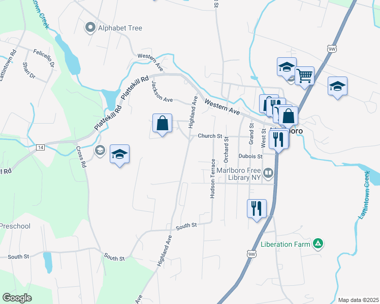 map of restaurants, bars, coffee shops, grocery stores, and more near 204 Highland Avenue in Marlboro