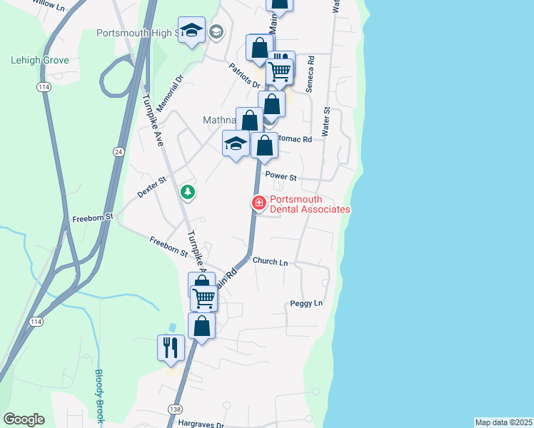 map of restaurants, bars, coffee shops, grocery stores, and more near 2755 East Main Road in Portsmouth