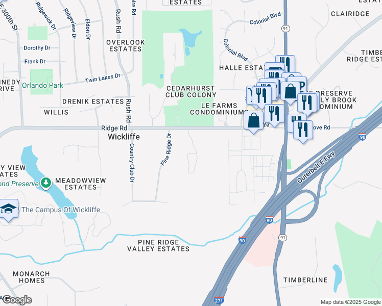 map of restaurants, bars, coffee shops, grocery stores, and more near 2133 Pine Ridge Drive in Wickliffe
