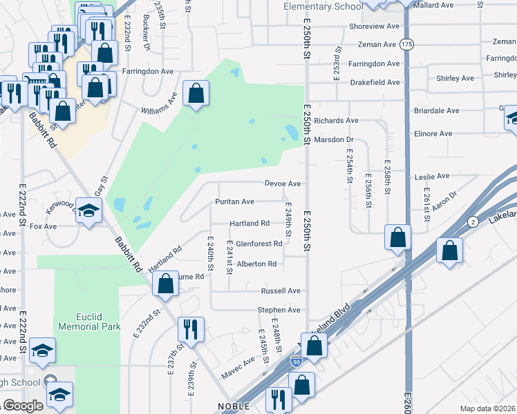 map of restaurants, bars, coffee shops, grocery stores, and more near 24581 Hartland Road in Euclid