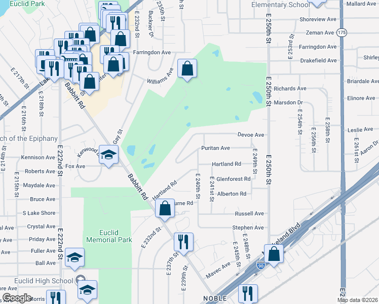 map of restaurants, bars, coffee shops, grocery stores, and more near 23880 Puritan Avenue in Euclid