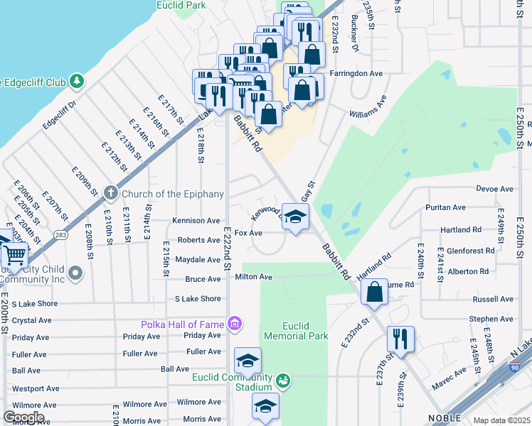 map of restaurants, bars, coffee shops, grocery stores, and more near 4301 Kenwood Drive in Euclid