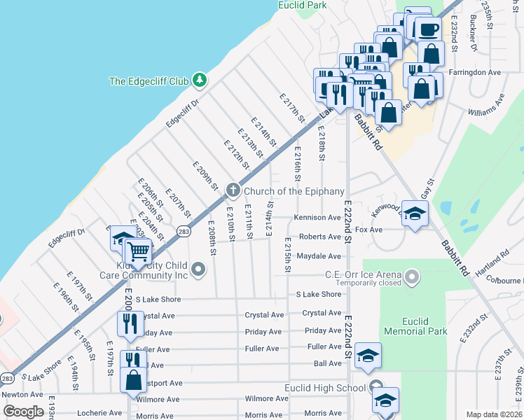 map of restaurants, bars, coffee shops, grocery stores, and more near 271 East 211th Street in Euclid