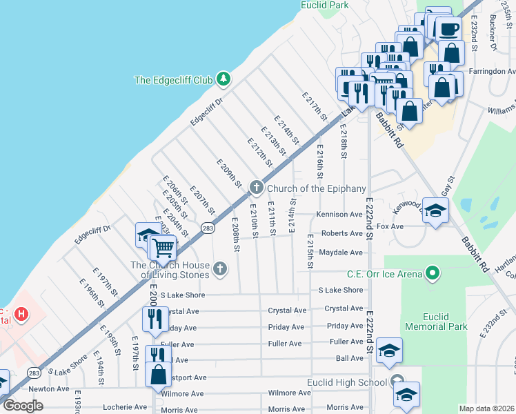 map of restaurants, bars, coffee shops, grocery stores, and more near 241 East 210th Street in Euclid