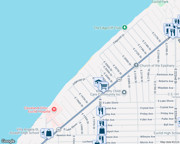 map of restaurants, bars, coffee shops, grocery stores, and more near 81 East 201st Street in Euclid