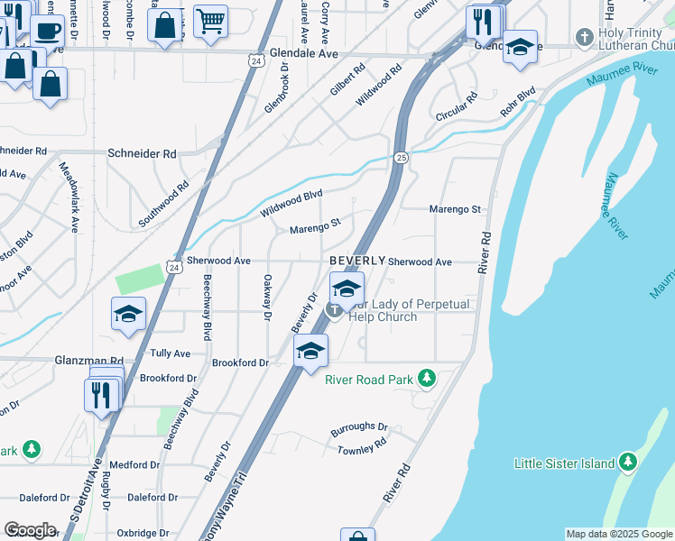 map of restaurants, bars, coffee shops, grocery stores, and more near 3322 Anthony Wayne Trail in Toledo