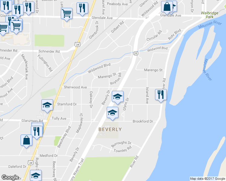 map of restaurants, bars, coffee shops, grocery stores, and more near 3322 Anthony Wayne Trail in Toledo