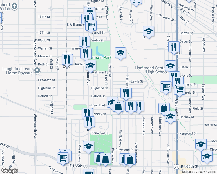 map of restaurants, bars, coffee shops, grocery stores, and more near 266 Highland Street in Hammond