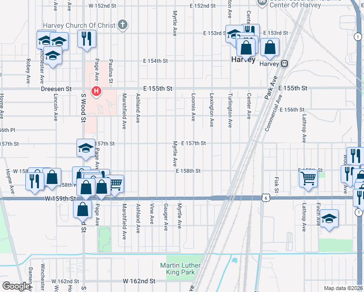 map of restaurants, bars, coffee shops, grocery stores, and more near 15711 Myrtle Avenue in Harvey