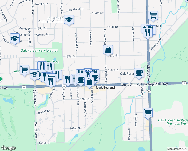 map of restaurants, bars, coffee shops, grocery stores, and more near 5116 159th Street in Oak Forest