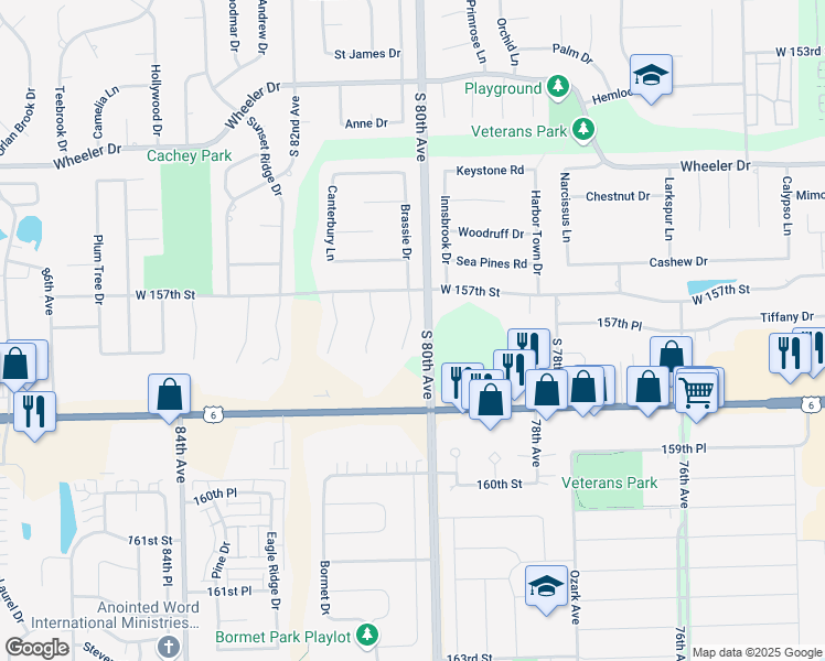 map of restaurants, bars, coffee shops, grocery stores, and more near 15721 Brassie Court in Orland Park