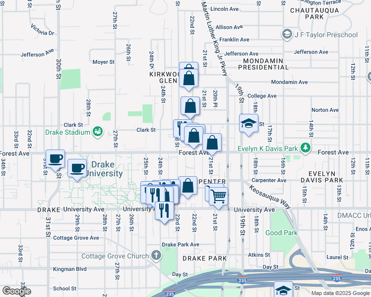 map of restaurants, bars, coffee shops, grocery stores, and more near 2253 Forest Avenue in Des Moines