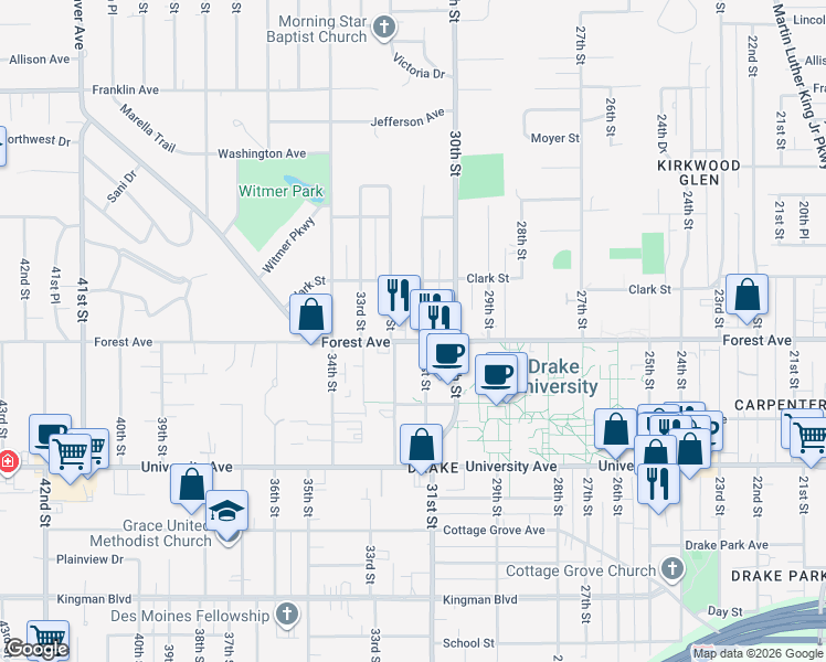 map of restaurants, bars, coffee shops, grocery stores, and more near 3103 Forest Avenue in Des Moines