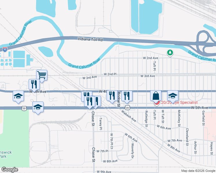 map of restaurants, bars, coffee shops, grocery stores, and more near 2900 West 4th Avenue in Gary
